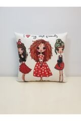 3 Kız Desen Kırlent Kılıfı