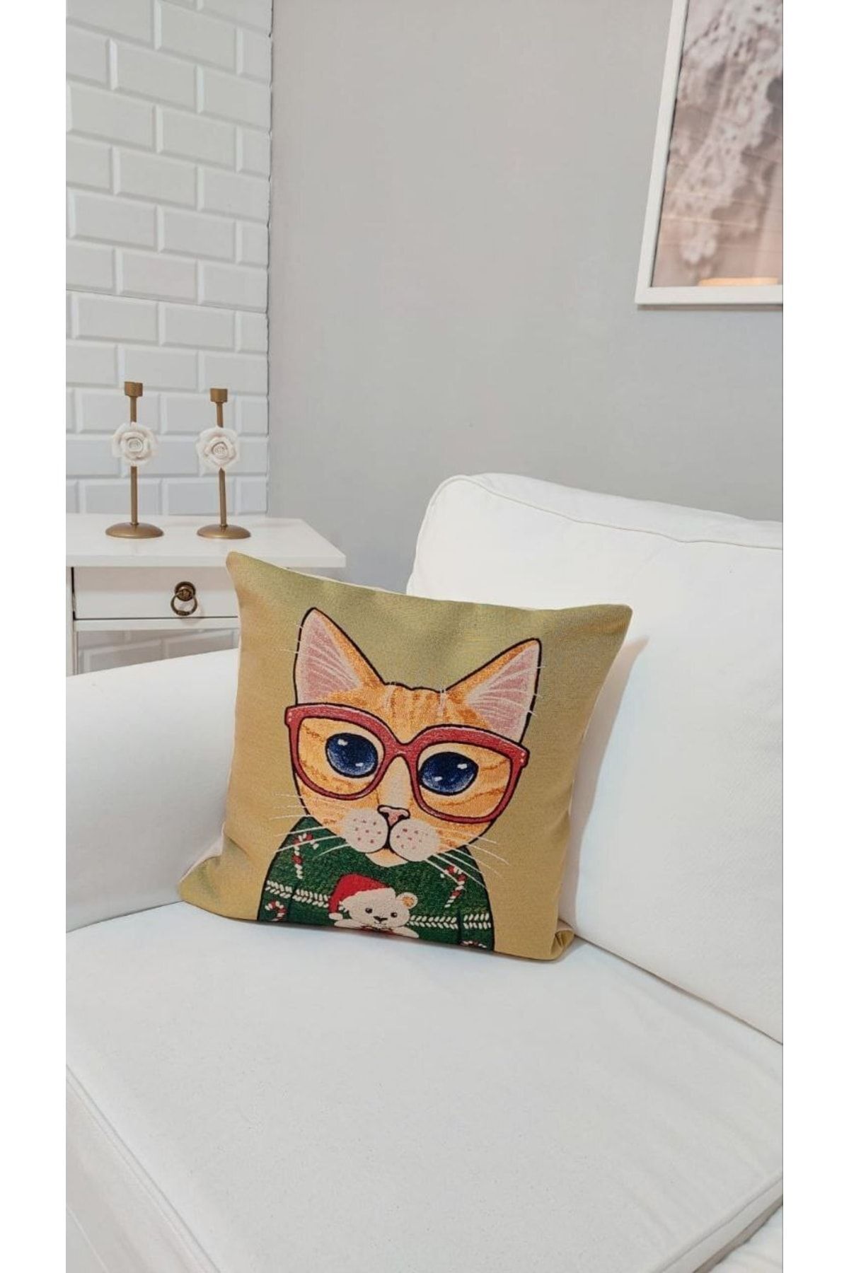 Gözlüklü Kedi Dokuma Kırlent Kılıf