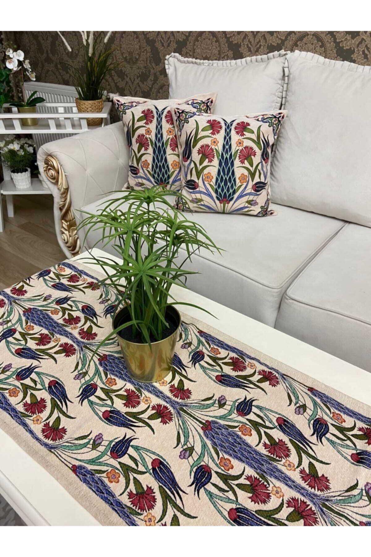 Çini Desen Goblen Dokuma Runner Ve Goblen Kılıf Set