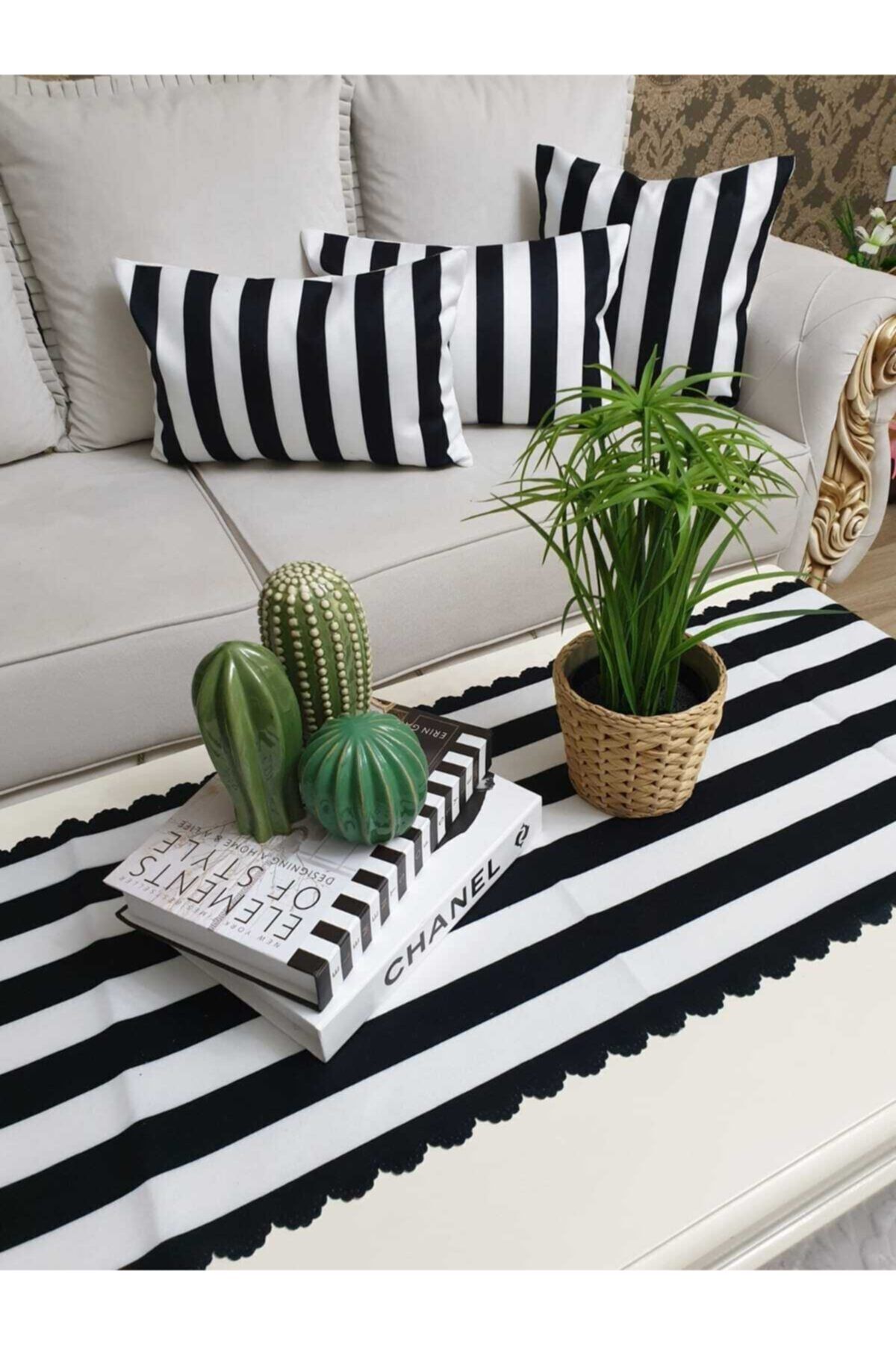 Siyah Beyaz Çizgili Desen Kombin Set