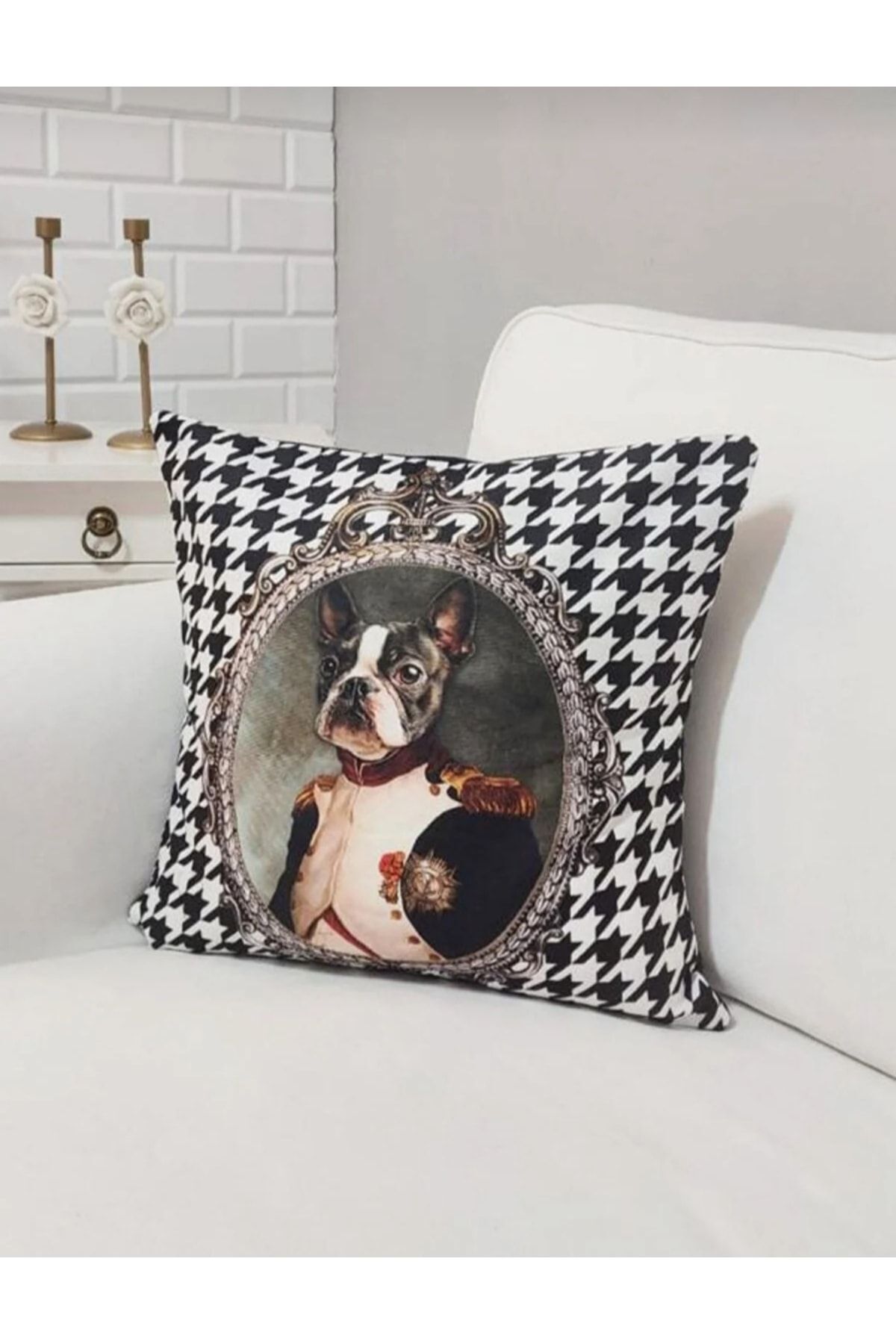 Köpek General Boston Terrier Kaz Ayağı Desen Kırlent Kılıfı