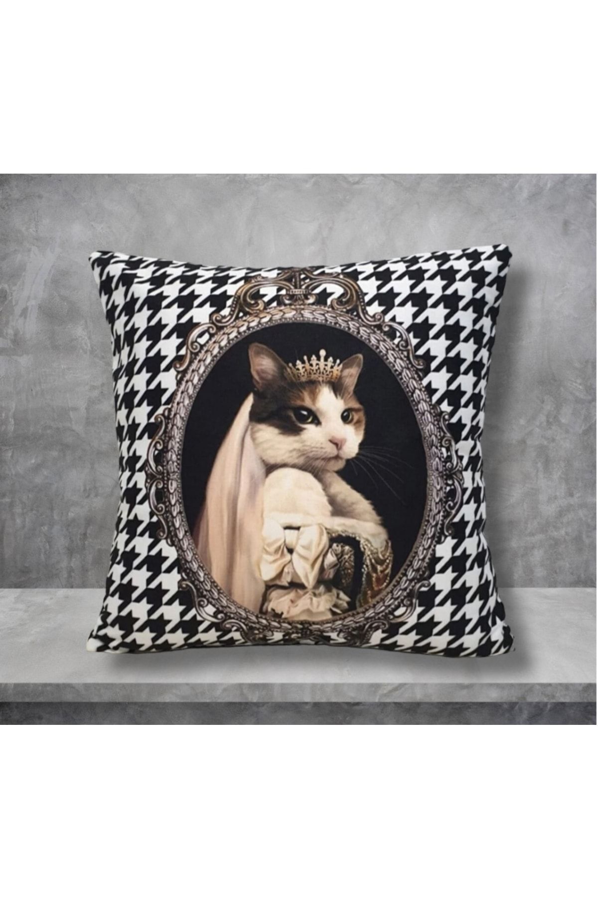 Prensess Kedi Kaz Ayağı Desen Kırlent Kılıfı