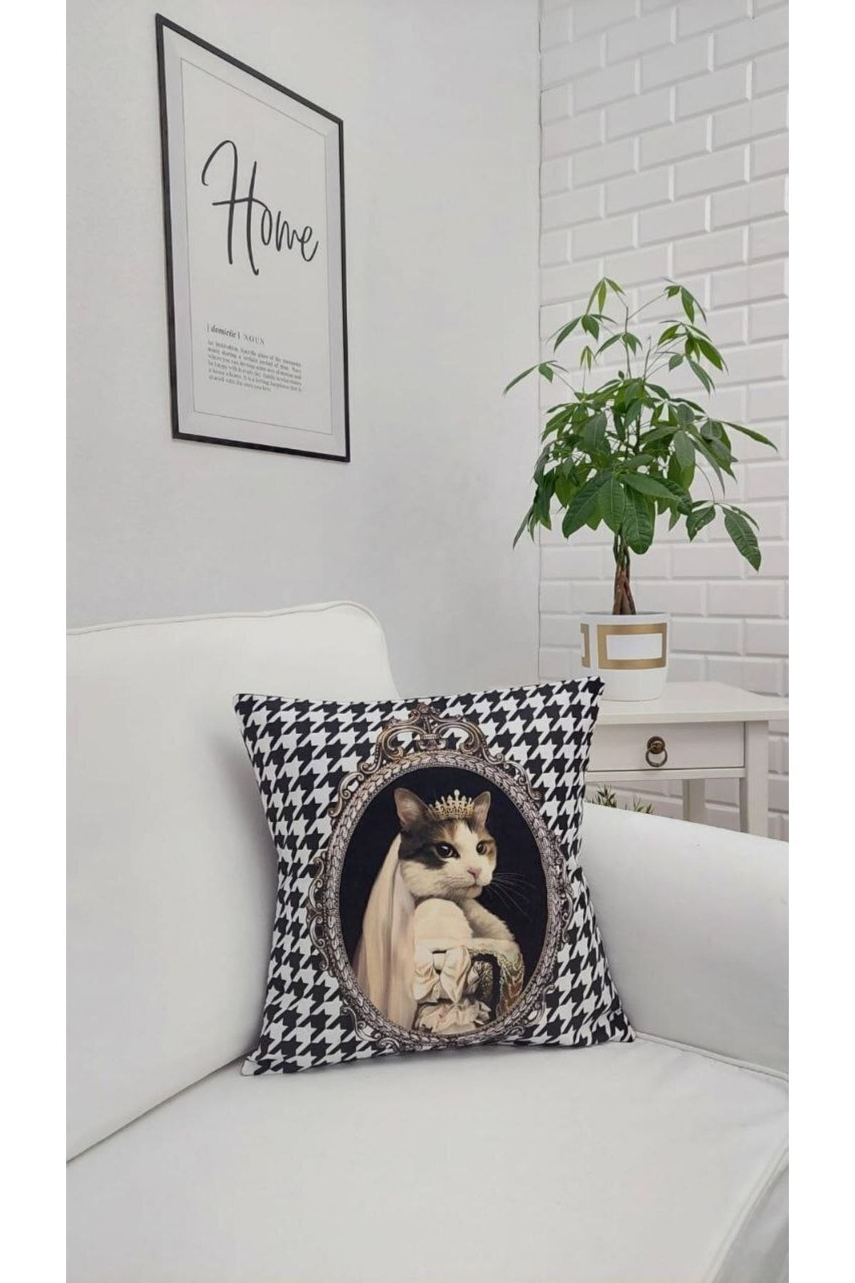 Prensess Kedi Kaz Ayağı Desen Kırlent Kılıfı