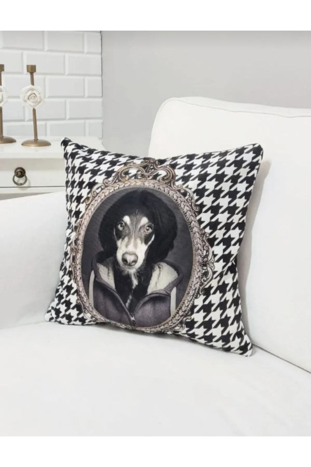 Köpek Babyface Kaz Ayağı Desen Kırlent Kılıfı