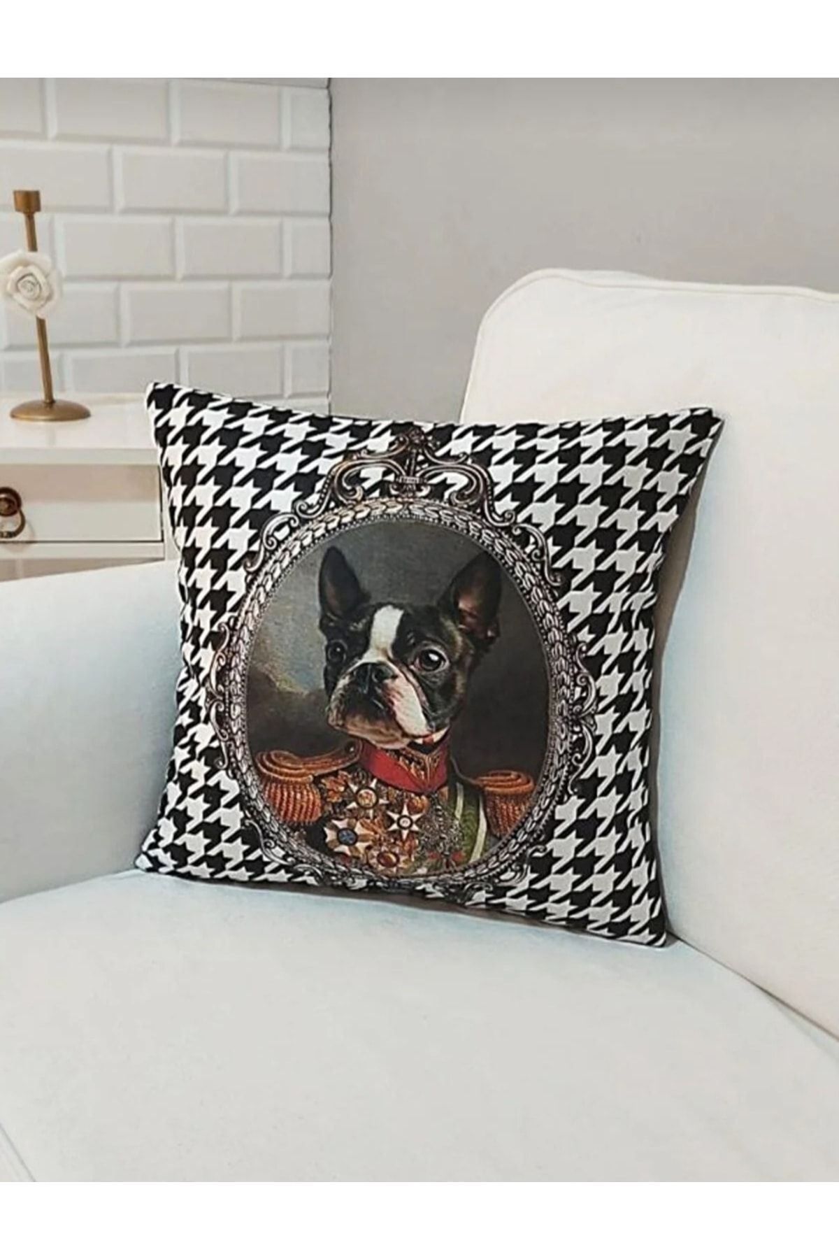 Kral Boston Terrier Köpek Kaz Ayağı Desen Kırlent Kılıfı