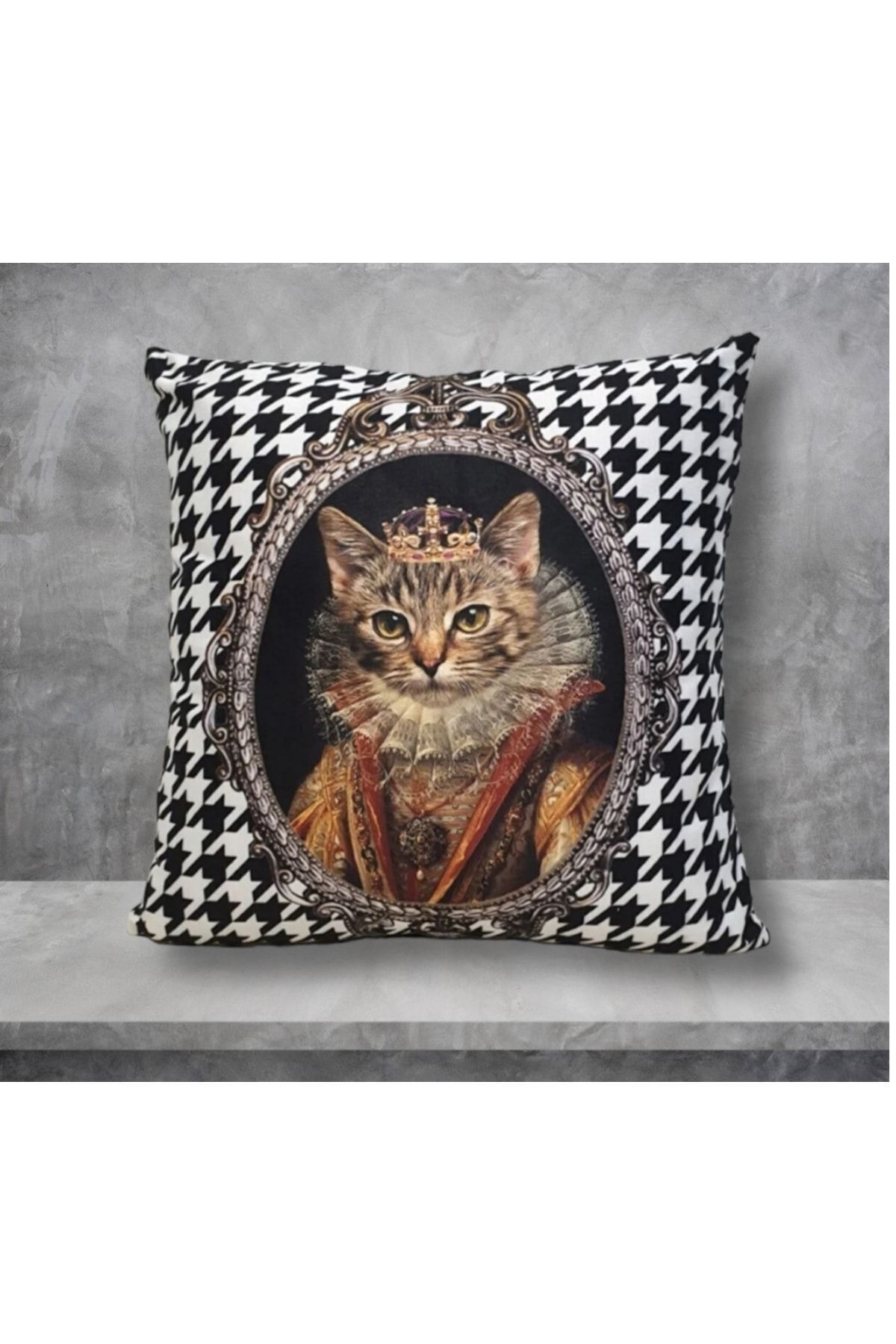 Kraliçe Kedi Kaz Ayağı Desen Kırlent Kılıfı