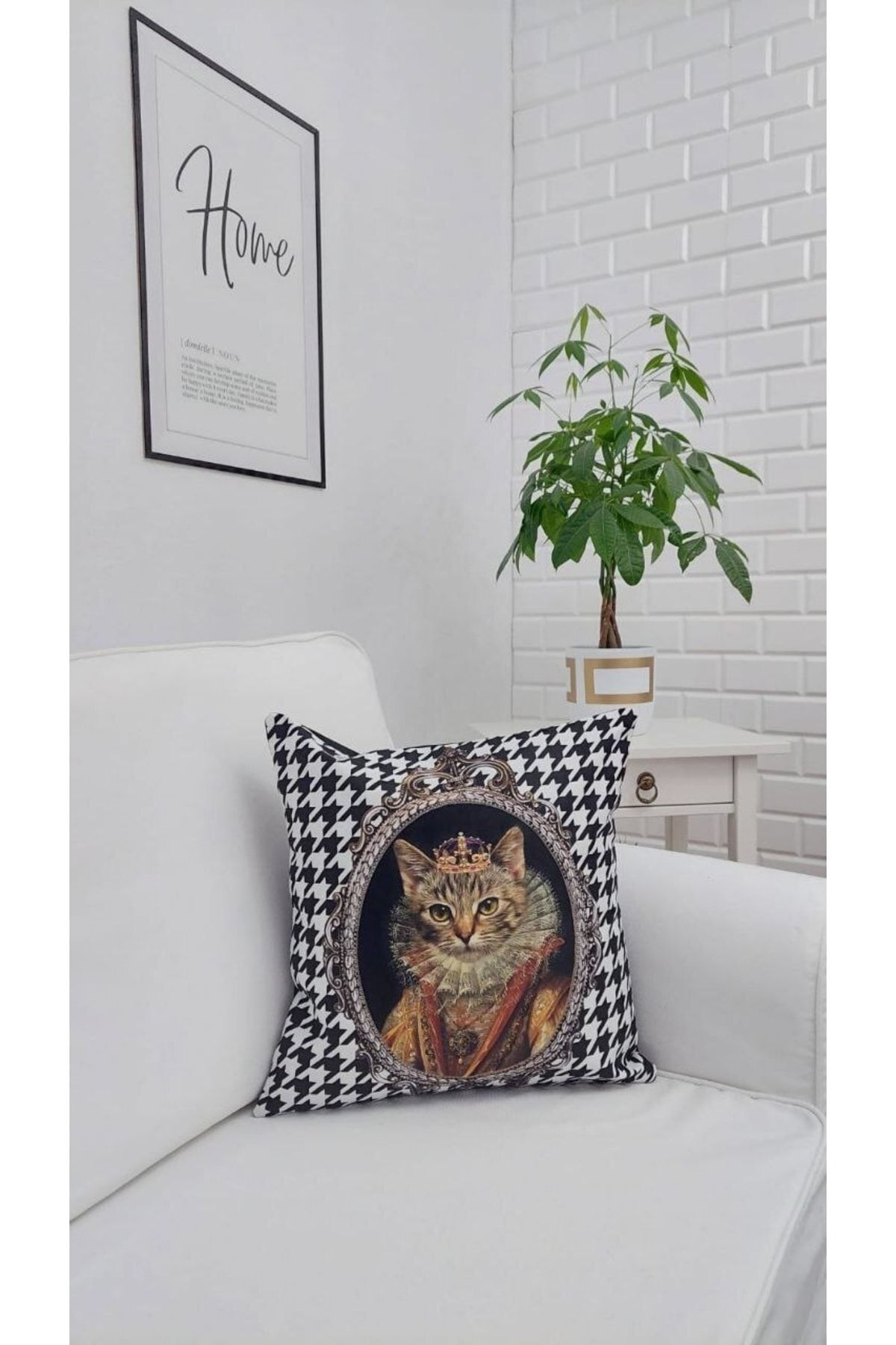 Kraliçe Kedi Kaz Ayağı Desen Kırlent Kılıfı