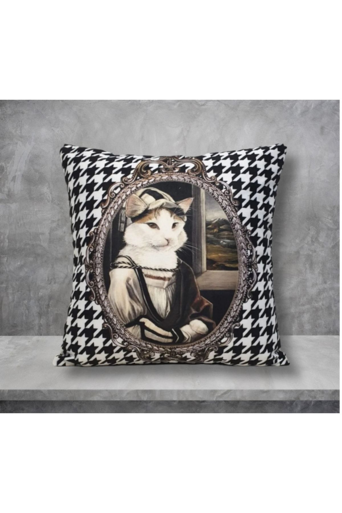 Şapkalı Kedi Kaz Ayağı Desen Kırlent Kılıfı