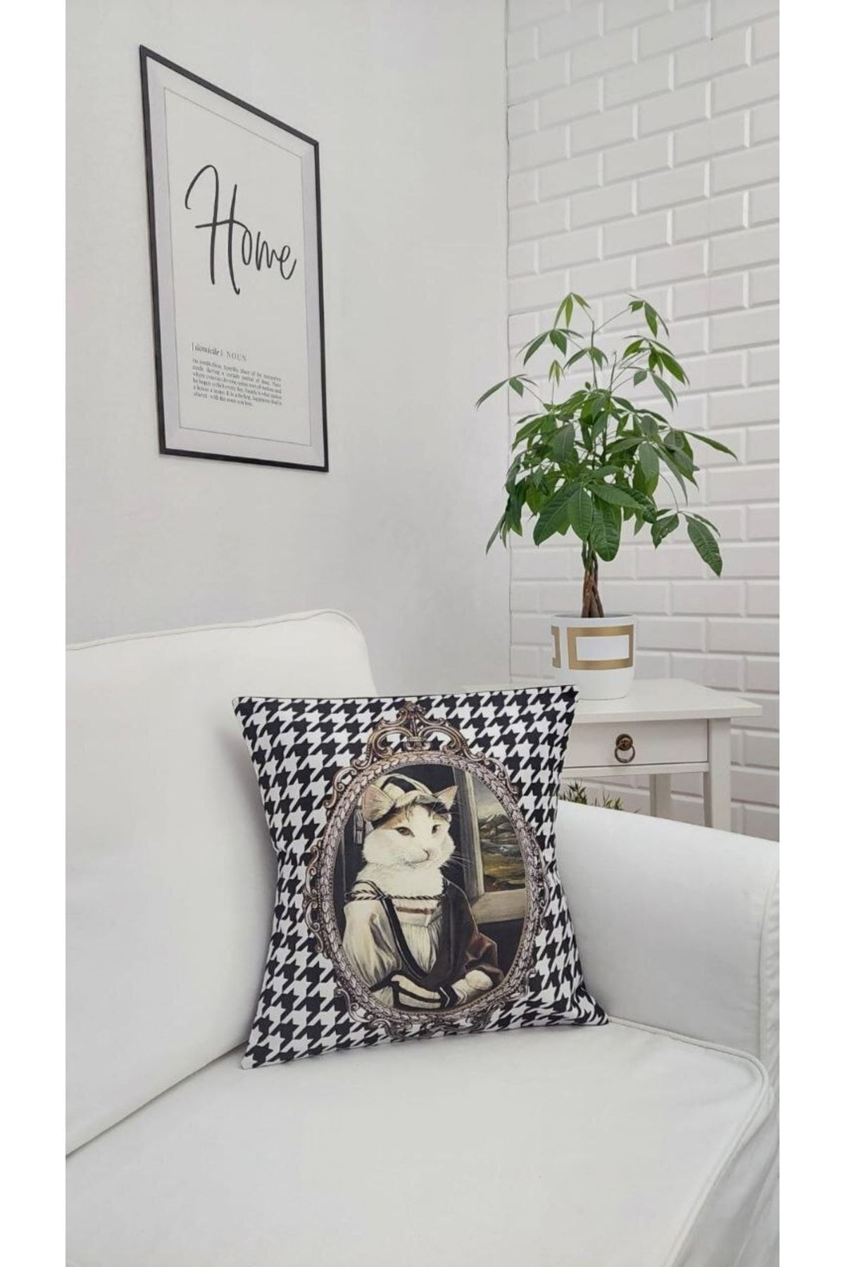 Şapkalı Kedi Kaz Ayağı Desen Kırlent Kılıfı