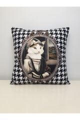 Şapkalı Kedi Kaz Ayağı Desen Kırlent Kılıfı