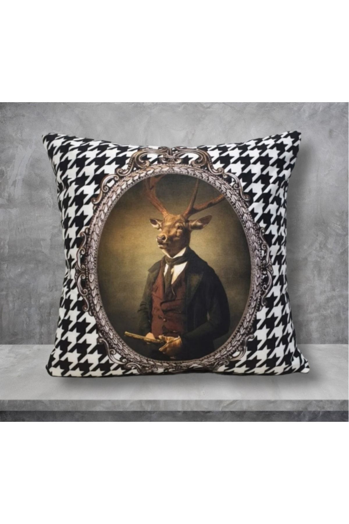 Centilmen Geyik Kaz Ayağı Desen Kırlent Kılıfı