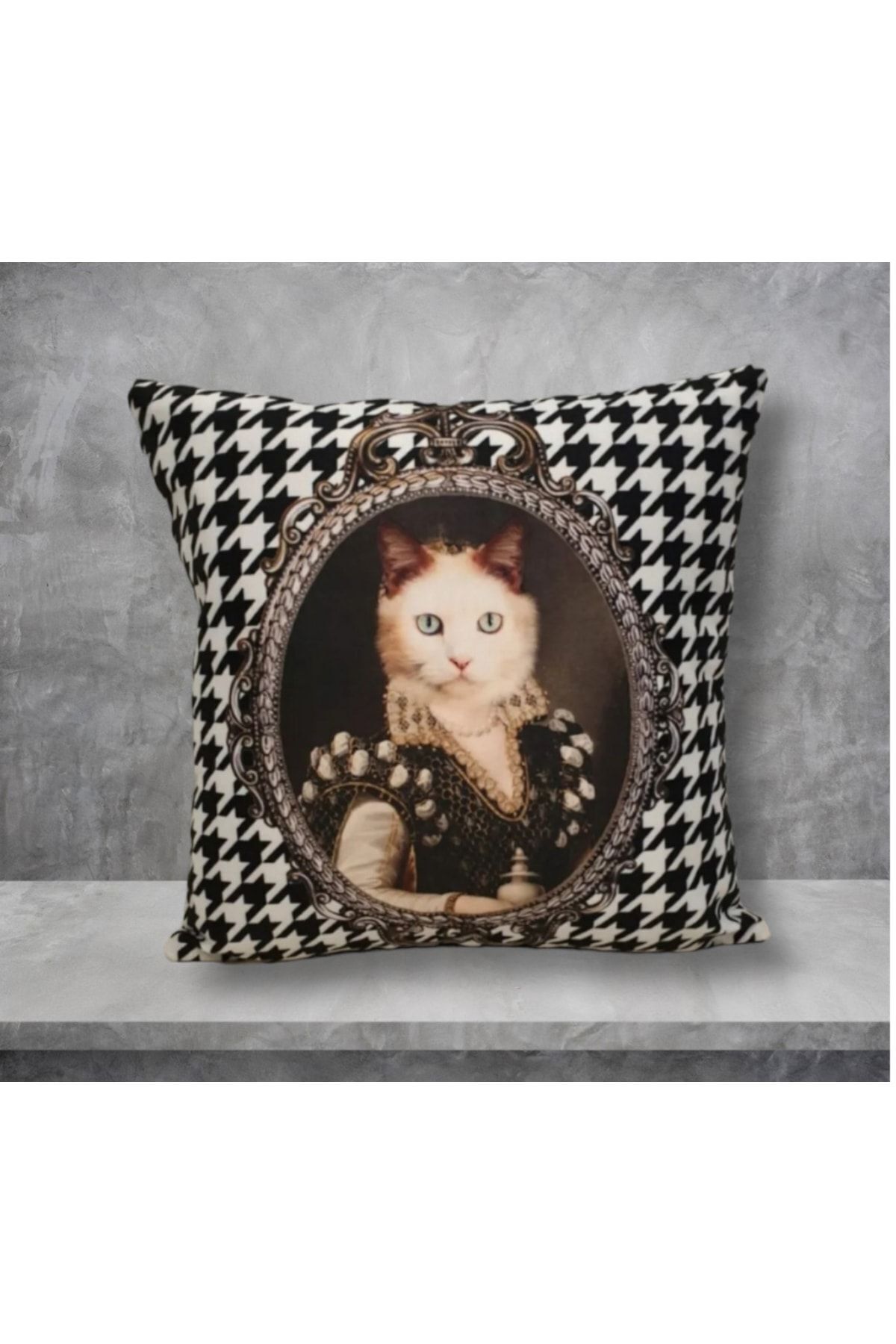 Mavi Gözlü Kedi Kaz Ayağı Desen Kırlent Kılıfı