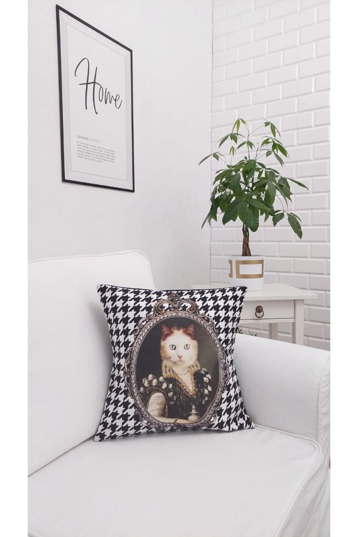 Mavi Gözlü Kedi Kaz Ayağı Desen Kırlent Kılıfı