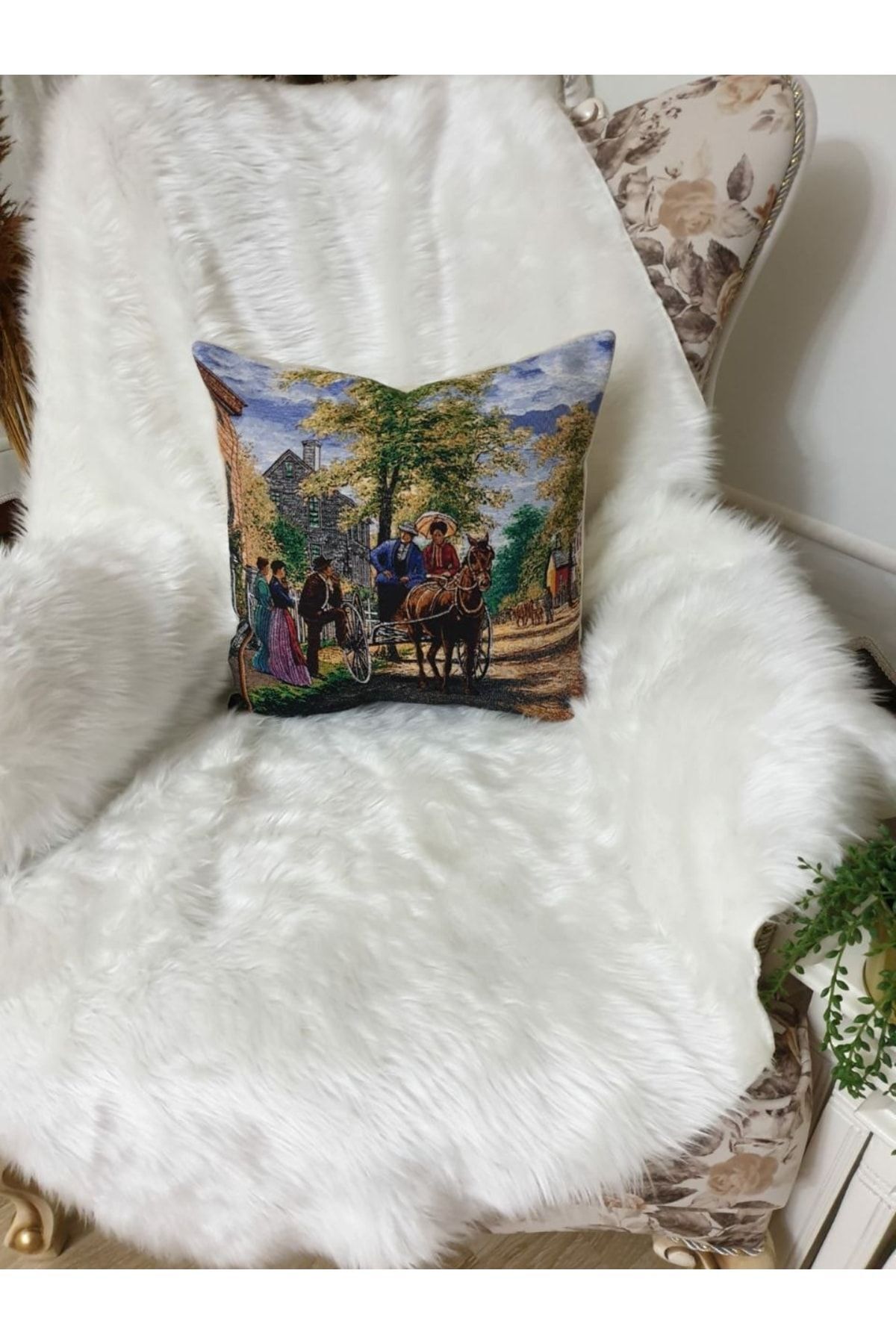 Goblen At Arabası Kırlent Kılıf