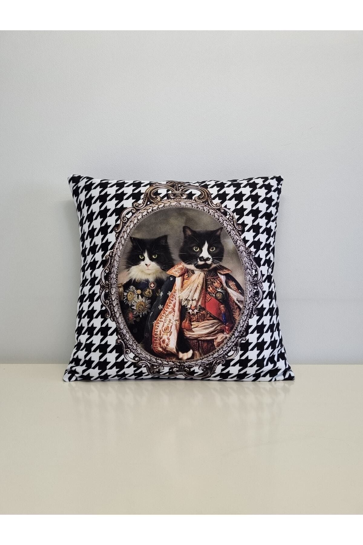 Teğmen Kediler Kaz Ayağı Desen Kırlent Kılıfı